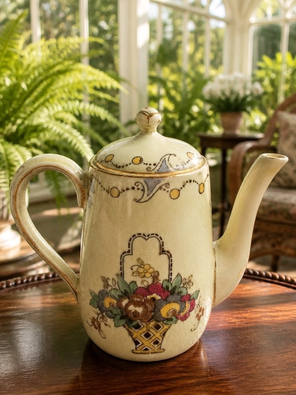 Vintage Crown Staffordshire England Bone China Coffee Pot Floral Basket Pattern